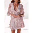 thumbnail image 3 of SURJDE Womens Spring Summer Deep V Neck Ruffle Long Sleeve Floral Print Mini Dress, 3 of 5