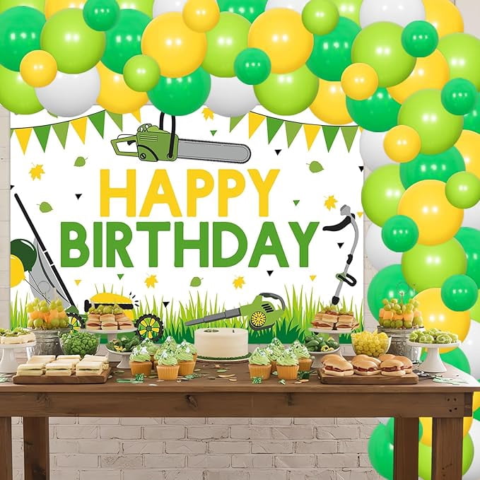 80Pcs Lawnmower Birthday Party Decoration, Green Tractor Party Decor with Mower Backdrop Happy Birthday Green Balloon Garland Arch Kit for Boys Farm Themed Tractor Time Party Supplies