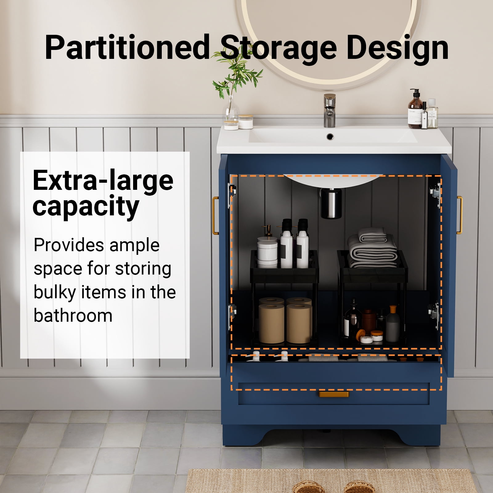 KZElegy 24" Bathroom Vanity with Ceramic Sink Freestanding Vanity Sink Cabinet with 2 Door & 1 Drawer,Blue