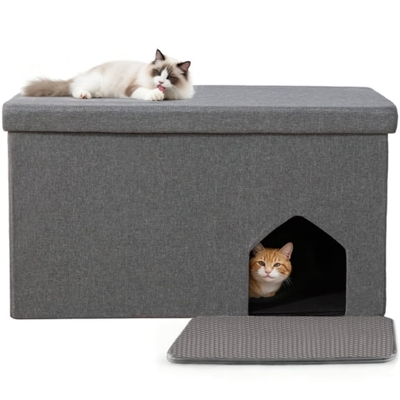 Cat Litter Box Enclosure Hidden Furniture, DOMIPET Foldable Cat Washroom Bench with Storage Space, Large Cabinet Cats Litter Ottoman for Odor Control, Dog Poof