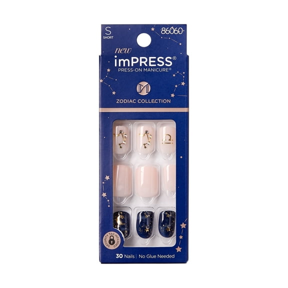 KISS imPRESS No Glue Needed Press On Nails, Design Zodiac, Libra, Multicolor, Short Squoval, 30 Count