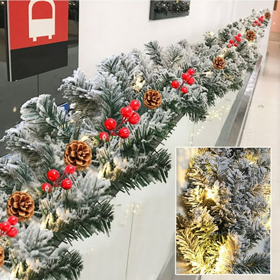 Eliaeconx Christmas Garland, 71 Inch Flocked Rattan Vine with 30 LED Lights, Pinecone Red Berry Decor for Indoor Outdoor Holiday Decorating, Multicolor