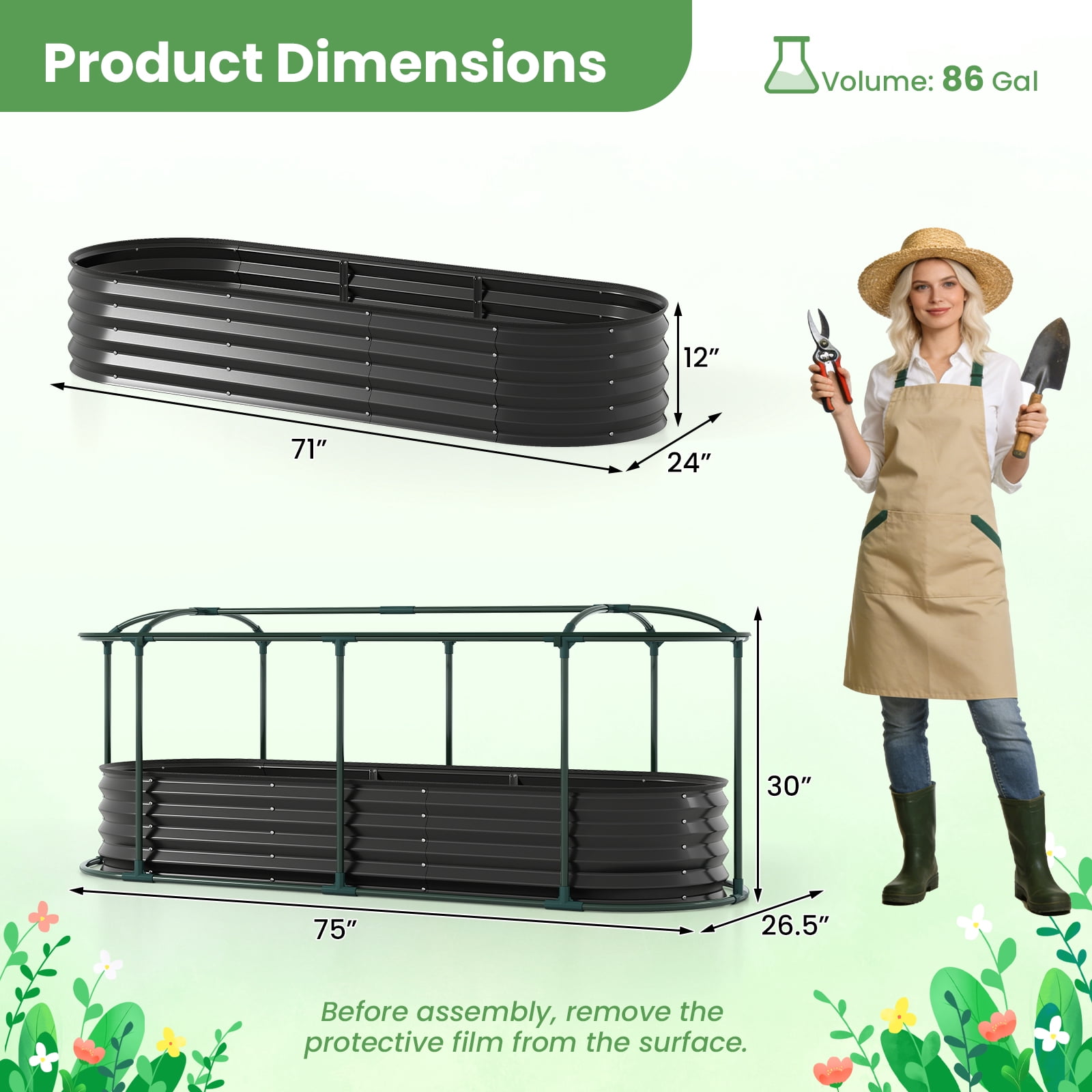 Costway 6 x 2 x 1 FT Color Steel Raised Garden Bed with Greenhouse Cover, Roll-up Window Black + Transparent
