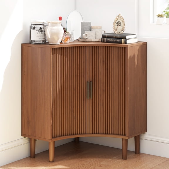 Corner Storage Cabinet, Fluted Corner Floor Cabinet with Sliding Doors and Adjustable Shelf, Freestanding Small Organizer for Living Room, Dining Room, Walnut