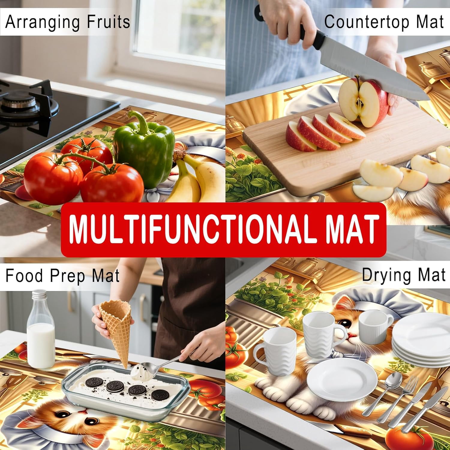 Stove Top Cover Chef Cat Design 20.47x28.34inch Polyester-Diatom Mud Blend Glass Stove Top Cover Protector for Kitchen Decor
