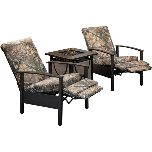 Hanover Cedar Ranch 3 Piece Outdoor Patio Furniture Set 2 Recliners With Thick Realtree Printed Camo Cushions And Sling Gas Fire Pit Cdrnch3pcfp Cmo Com Hanover Cedar Ranch 3 Piece Outdoor, White Outdoor Patio Furniture Sets With Fire Pit