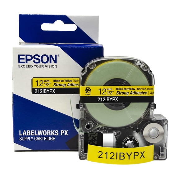 Epson LABELWORKS 212IBYPX - Black on Yellow PET Label Maker Tape, Strong Adhesive - 1/2" (12MM) Wide, 30'