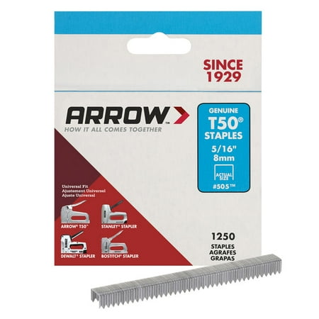 

Arrow Fastener T50 3/8 in. W x 5/16 in. L 18 Ga. Flat Crown Heavy Duty Staples 1250 pk (Pack of 4)