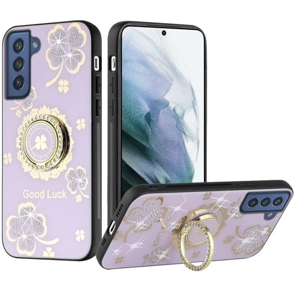 For Samsung Galaxy S21 FE /Fan Edition Diamonds 3D Bling Sparkly Engraving Hybrid Fashion Ring Stand Cover ,Xpm Phone Case [ Purple Good Luck Floral ]