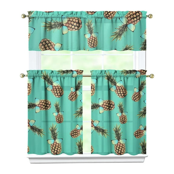 Golden Pineapple Pattern Kitchen Curtains Tier and Valance Set, Hawaiian Tropical Fruit Print Drapes, Sunshine Summer Aesthetic Curtains for Kitchen or Breakfast Nook