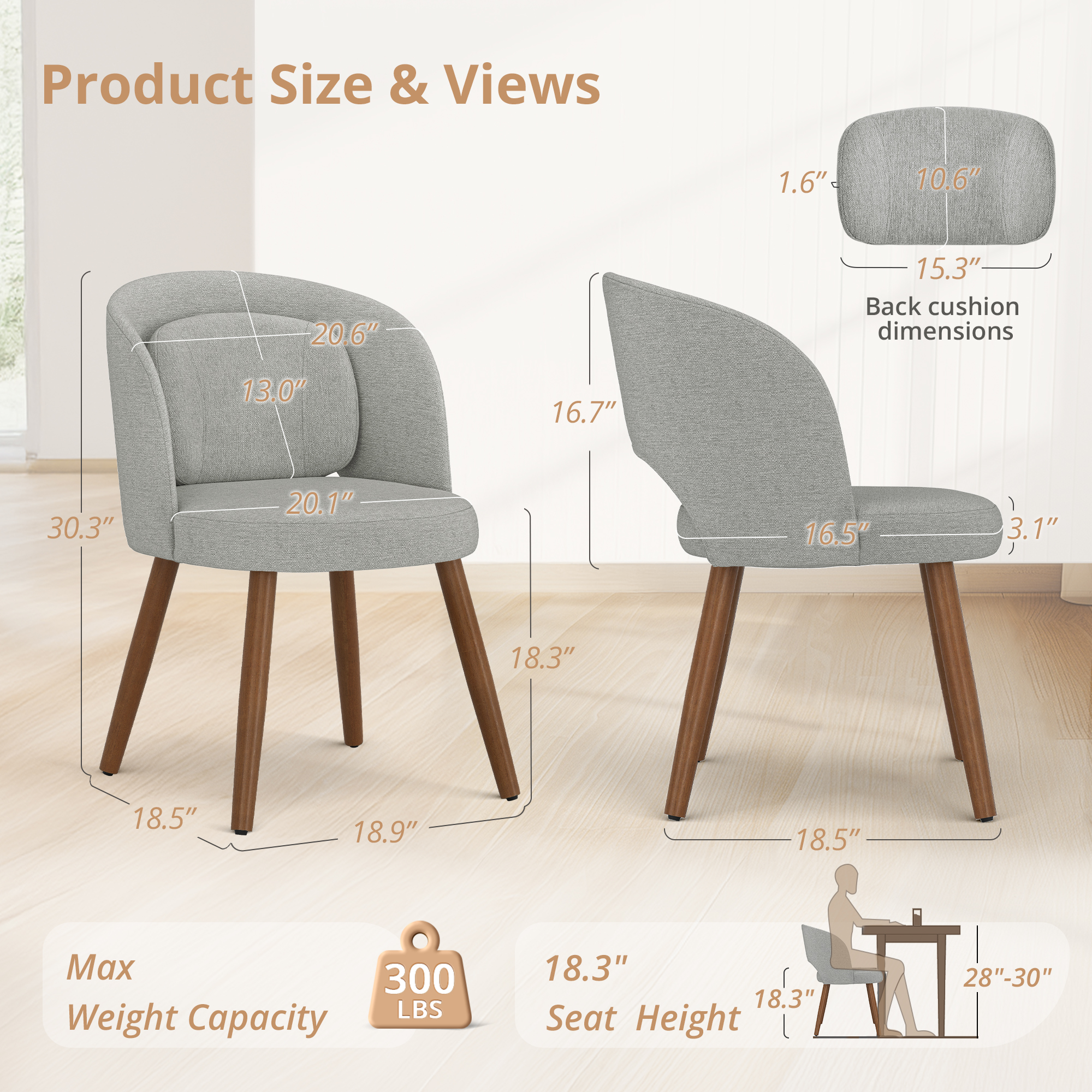 Dycanpo Upholstered Dining Chairs Set of 2, Wooden Dining Side Chairs with Curved Backrest & Individual Back Cushion, Gray-Fabric