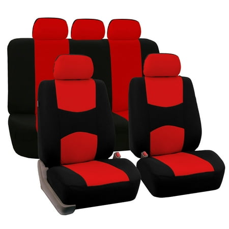 FH Group Universal Flat Cloth Fabric Car Seat Cover, 5 Headrests Full Set, Red and Black