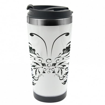 

Butterfly Travel Mug Swril Floral Blossom Steel Thermal Cup 16 oz by Ambesonne