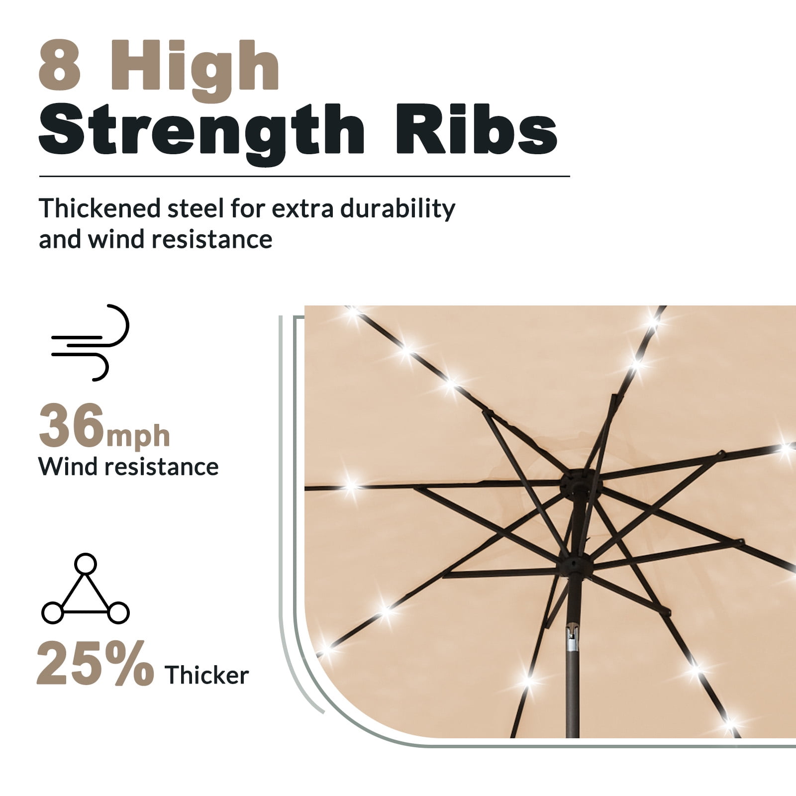 FUNDAZE 9FT Solar 32 LED Patio Umbrella w/ Tilt & Crank, 8 Sturdy Ribs, UV Protection Solution-Dyed Fabric, for Garden, Backyard, Deck & Patio, Beige
