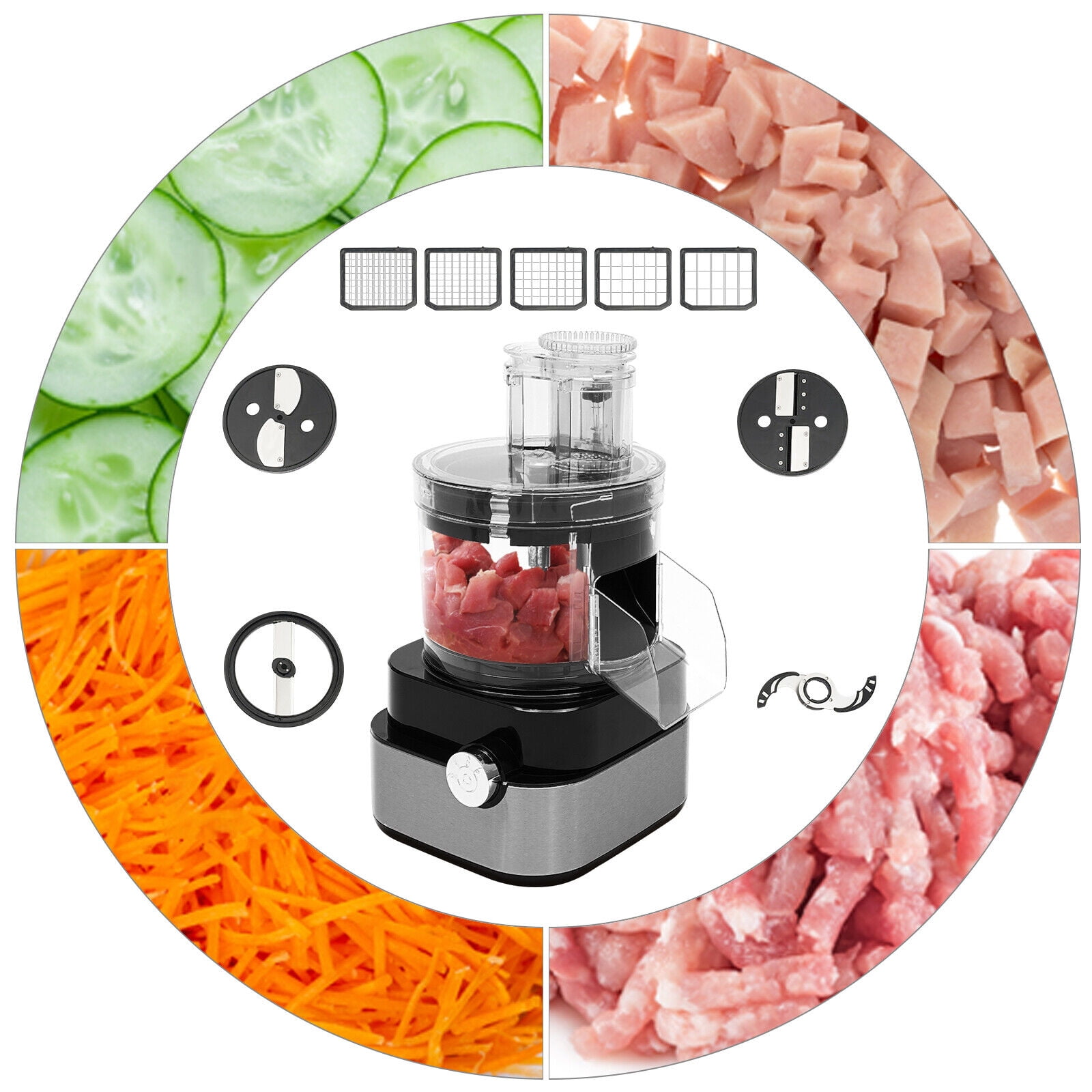 Miumaeov 5 in 1 Commercial Food Processor 600W Electric Vegetable Dicer Chopper Veggie Shredder Meat Grinder 5L/1.32 Gal for Mincing Dicing Shredding and Puree