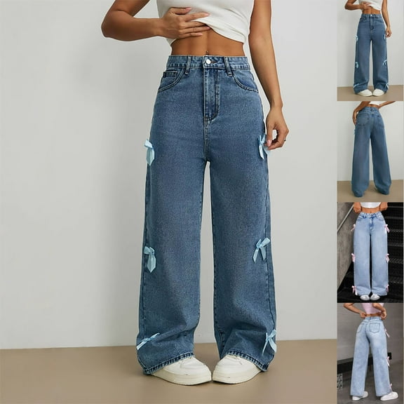 Yourumao Womens Wide Leg Jeans High Elastic Waisted Straight Leg Jeans Baggy Bow Knot Denim Pants Streetwear Jeans with Pocket
