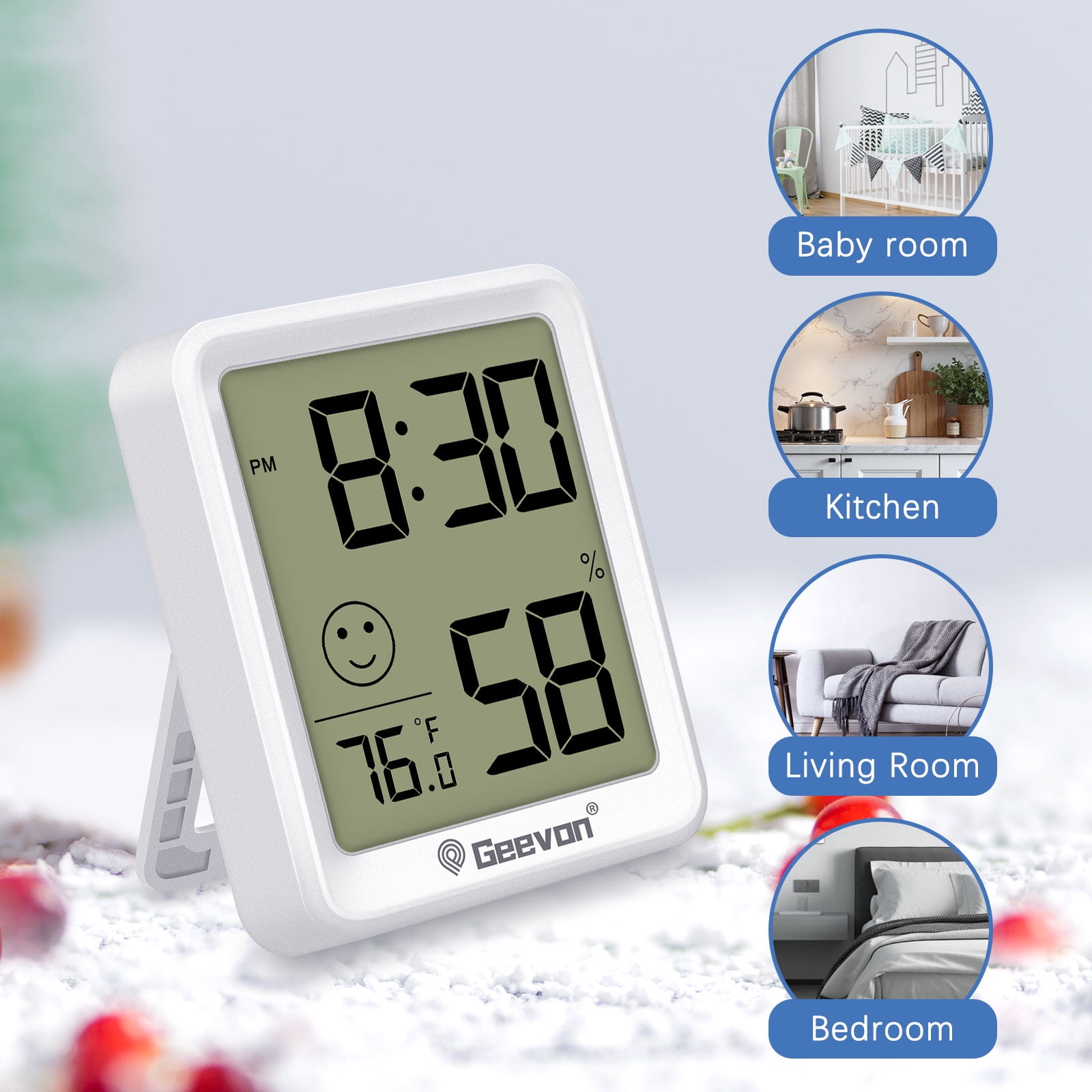 Geevon 6 Pack Digital Hygrometer Indoor Thermohygrometer, Room Thermometer Humidity Meter with Time for Home, Bedroom, Baby Room, Office, Greenhouse, Cellar (White)