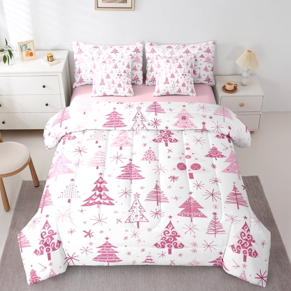Manfei Retro Xmas Tree 7-Piece Twin Bedding Sets,Merry Christmas Bedding Comforter Set,Pink White Sheet Sets For Girls Kids,Super Cozy Room Decor Reversible