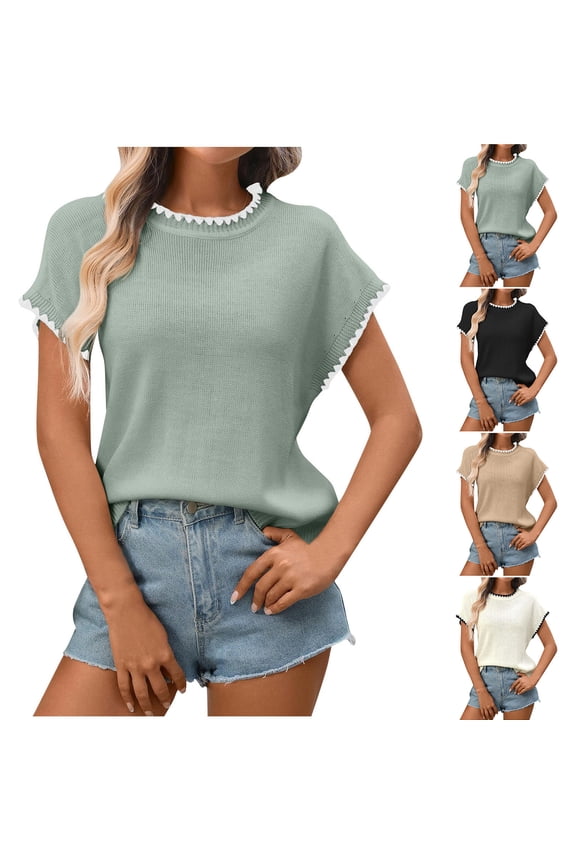 Short Sleeve Sweater for Women Crew Neck Pullover Sweaters Summer Loose Casual Tops M