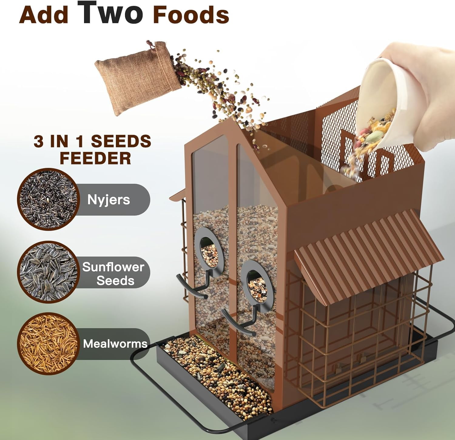 Bird Feeders for Outdoors, Metal Bird Feeder with Double Suet Cage Weatherproof Metal Roof, 2 in 1 Mixed Seeds Suet Feeder, 4Lbs Large Capacity, Great for Finch、Cardinal、Chickadee（Green）