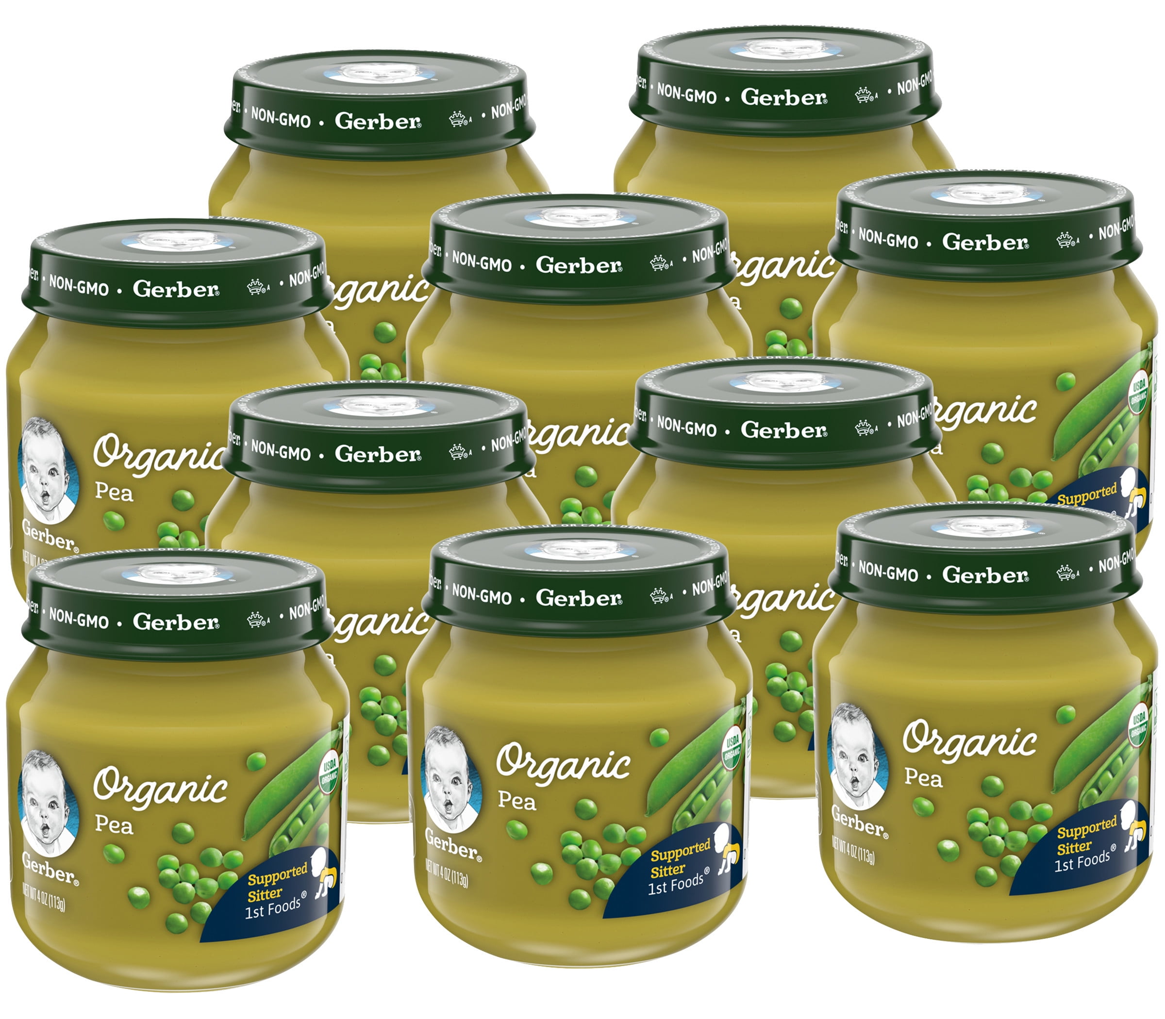 Gerber Organic Stage 1 Baby Food, Peas, 4 oz Jar, 10 Pack