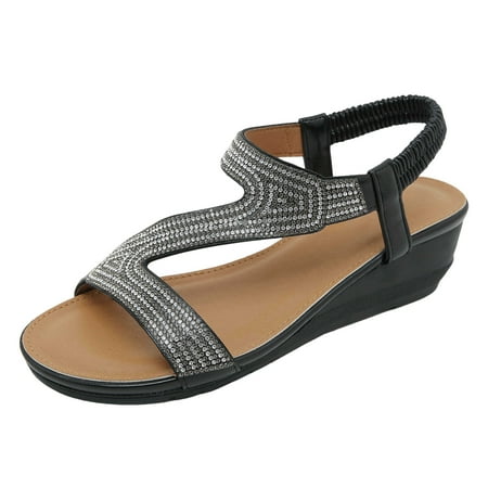

Ladies Summer Bohemian Style Rhinestone Beach Large Size Slope Heel Sandals