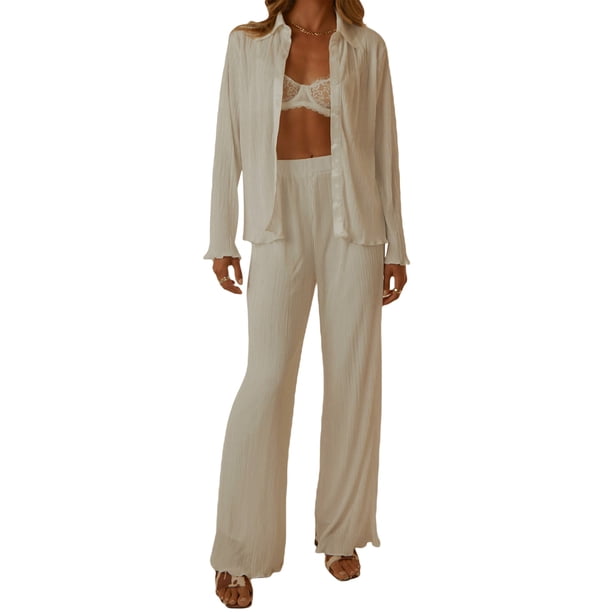 VISgogo, conjunto de ropa informal de 2 uds para mujer, estampado de flores/patrón abstracto, botones de solapa, camisas de manga larga, Tops con pantalones largos sueltos VISgogo moda