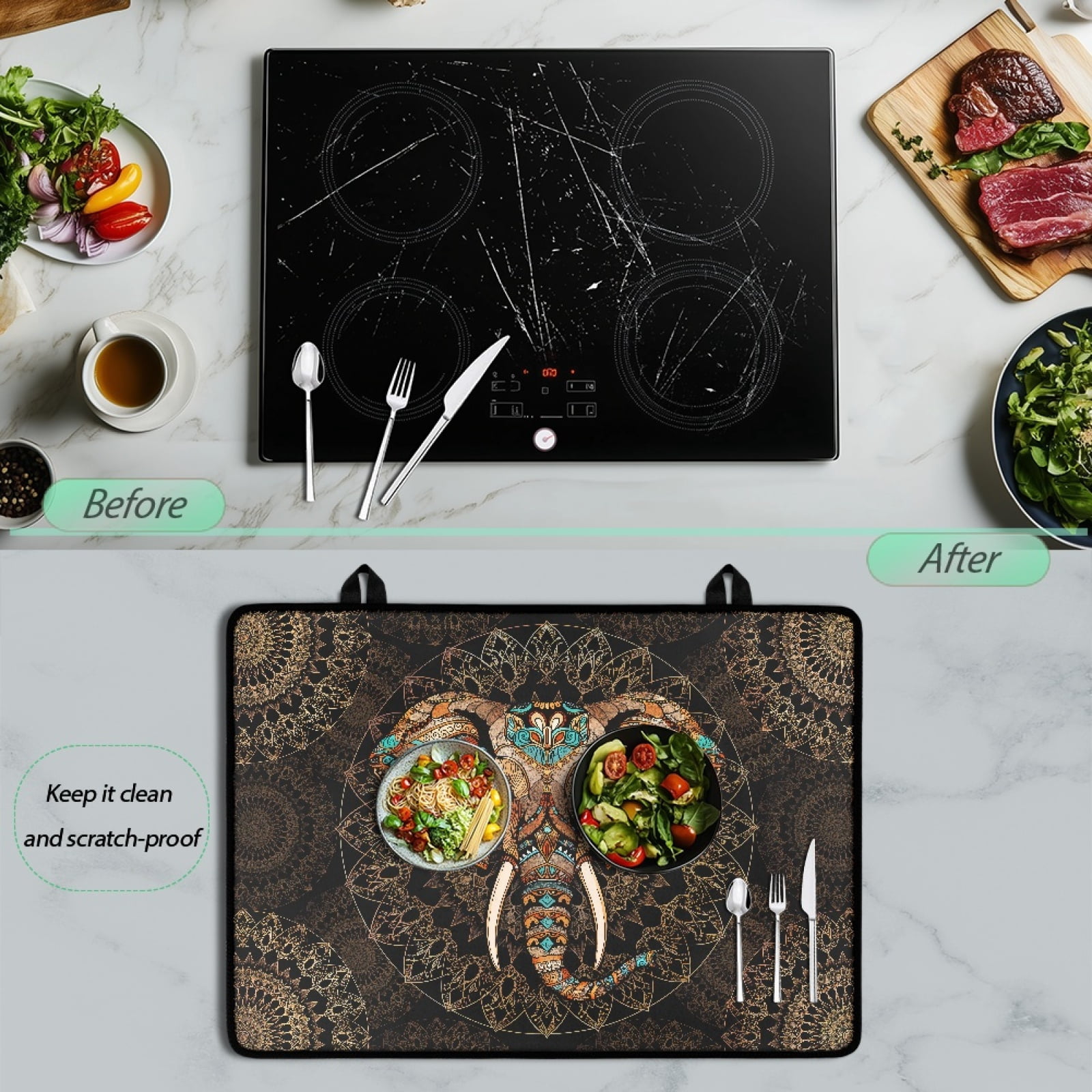 ZIATUBLE Flat Top Stove Cover Mat Versatile Stove Top Cover for Electric Stove Glass Ceramic Top Stove Cover Induction Cooktop Mat Kitchen Decor, 29 x 21 Inch, Bohemia Mandala Flower Elephant