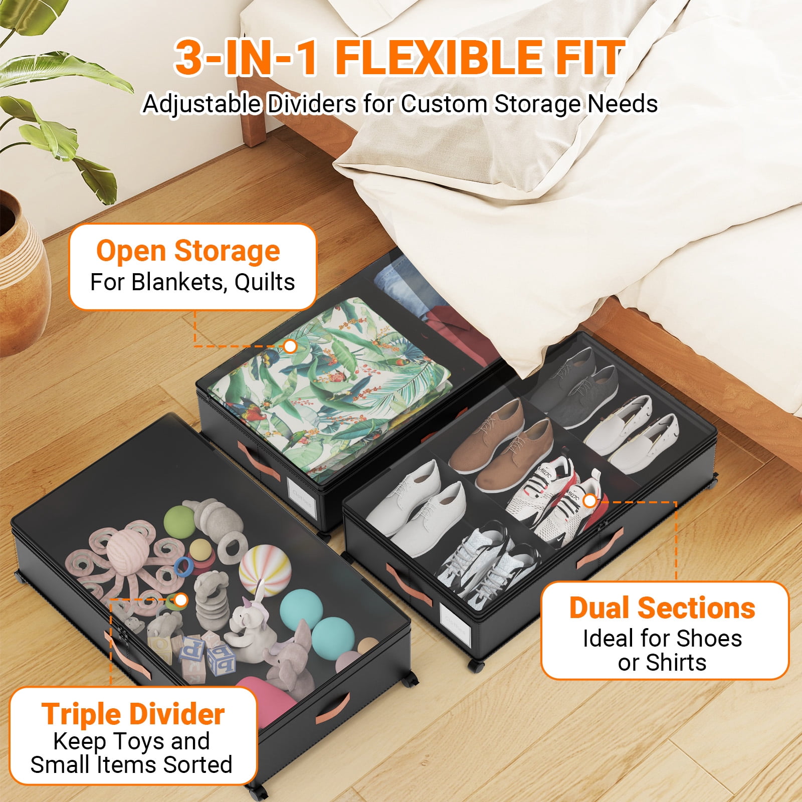 LIZEVINC 2-Pack Large Under Bed Storage with Wheels and Lids – Adjustable Height Rolling Storage Bins with Dividers, Space-Saving Underbed Organizer for Clothes, Shoes, Blankets（Black）