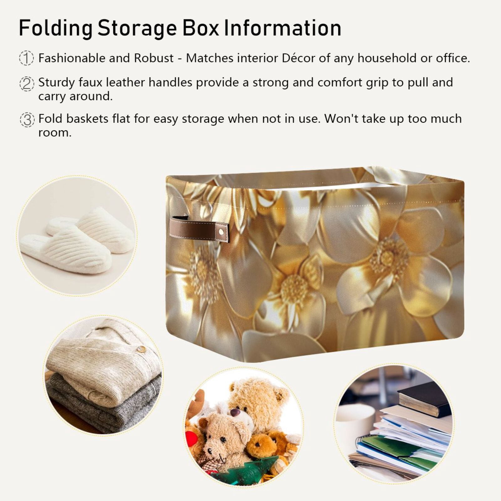 3d Gold Flowers Storage Bins Baskets With Handles Storage Box Clothes Organizer Organization Toys