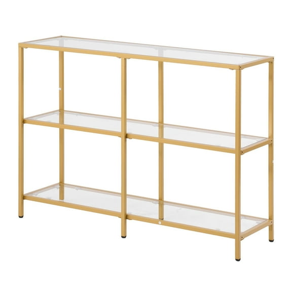 3-Tier Modern Console Table with Tempered Glass Top & Golden Iron Legs, Anti-Tip Design for Living Room, Entryway