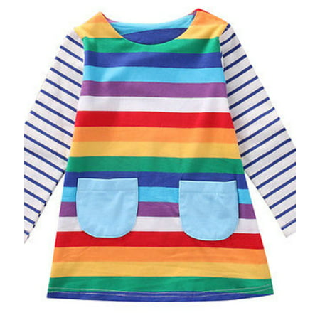 StylesILove Lovely Girl Rainbow Stripe Long Sleeve Cotton Dress (90/12-18 Months)