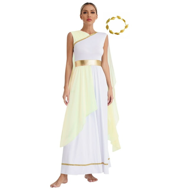 Hansber Robe de Femme Dieu Grec Costume Romain Grèce Toge Robe Halloween Cosplay Déguisement Tenues avec Couvre-Chef Champagne S