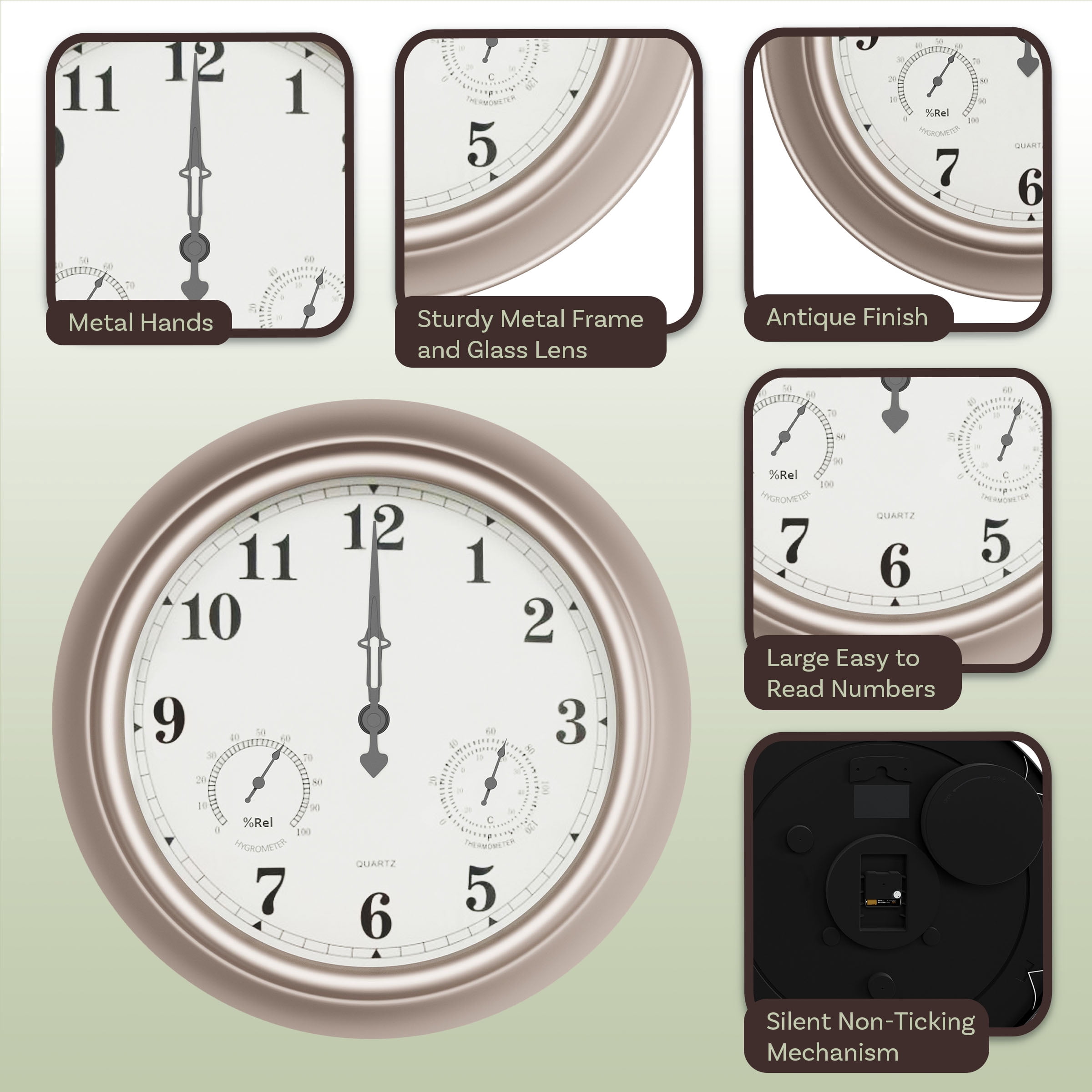 Pure Garden 18in Waterproof Indoor Outdoor Clock Thermometer Combo, Silver