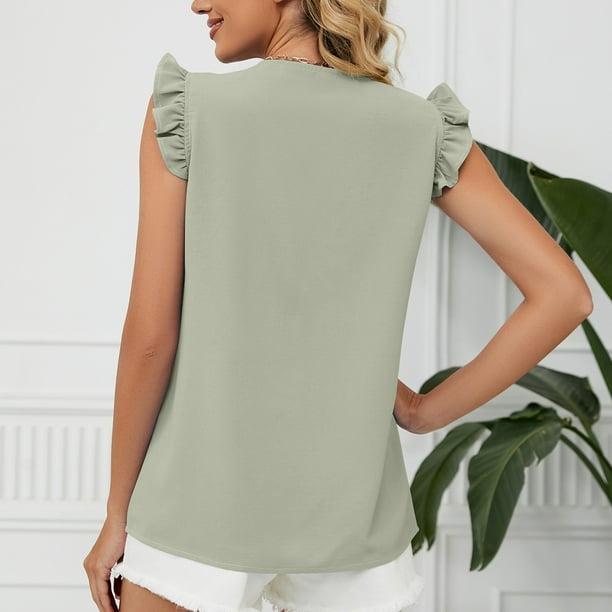 Blusa De Gasa Con Cuello En V De Encaje Para Mujer, Camisa De Verano De Manga Corta Con Volantes, Tops Para El Trabajo, Citas, Compras, Fines De Semana En Casa, Blanco S