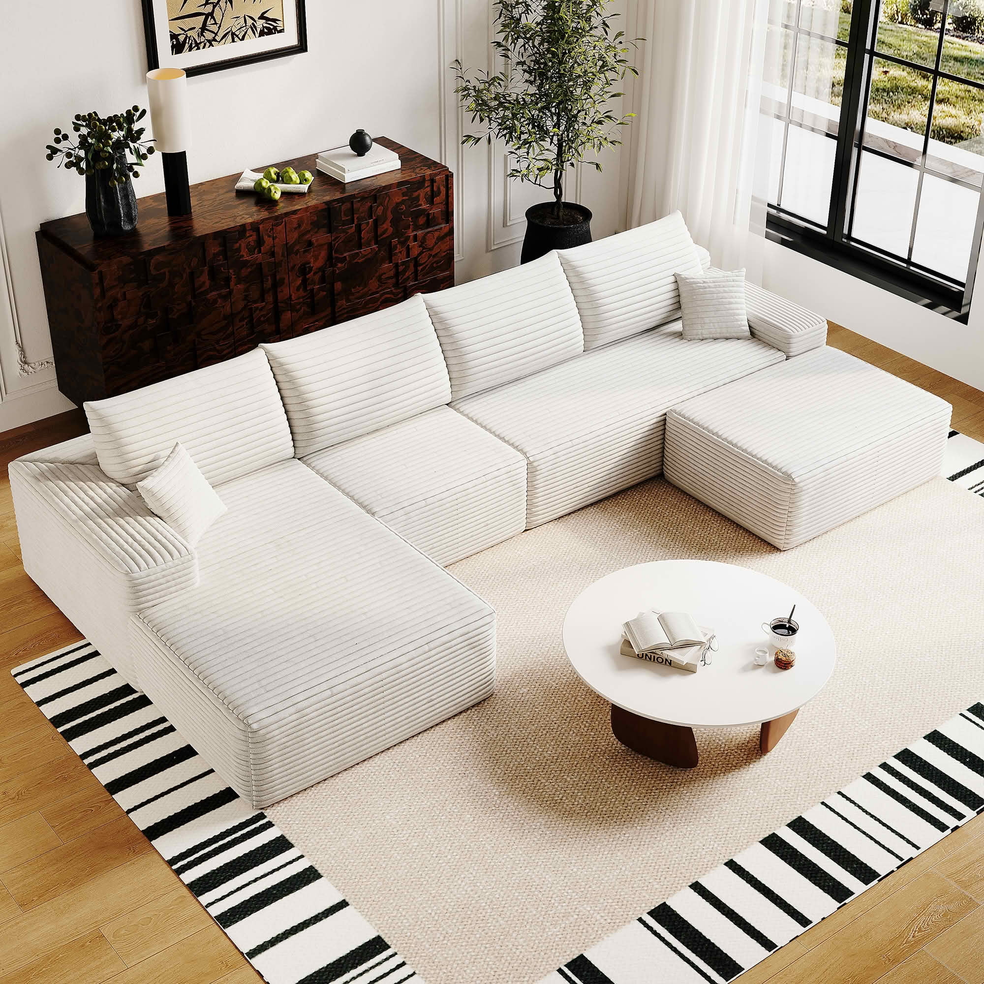 MAYEERTY 135" Cloud Sectional Sofa with Ottoman, U Shaped Deep Seat Couch, Plush Corduroy Fabric, No Assembly Required, Black&White