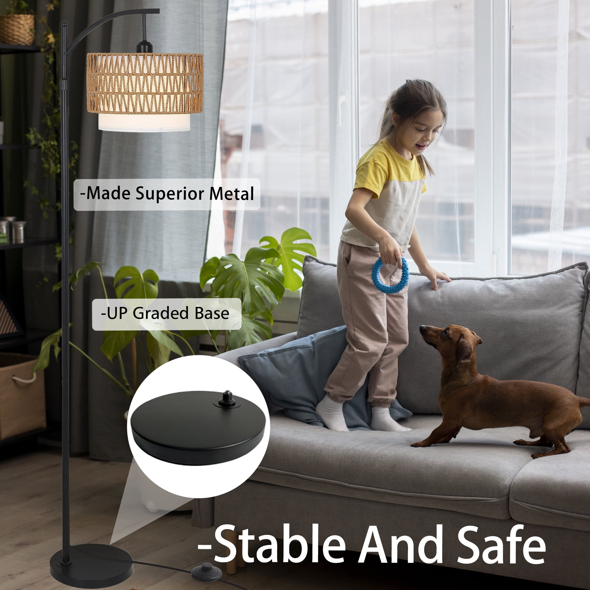 JOPESO Boho Floor Lamp with Remote, Standing Lamp with 3 Color Temperatures Adjustable Tall Lamps Dimmable Rattan Lampe with Fabric Shades for Living Room Bedroom