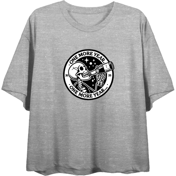 Skeleton Drinking Wine One More Year Women's Heather Gray Crew Neck Short Sleeve Crop Tee-XL