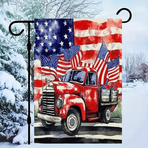 RKSupls Patriotic Linen Double Sided Garden Flag, Independence Day Themed Yard Decor, Red Truck with Flags Outdoor Banner for Holiday Lawn