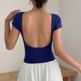 thumbnail image 4 of Women's U-Shaped Backless Short-Sleeve Tops Solid Color Boat Neck Base T-Shirt Bodycon Casual Tees Yoga Workout Tops Navy, 4 of 7