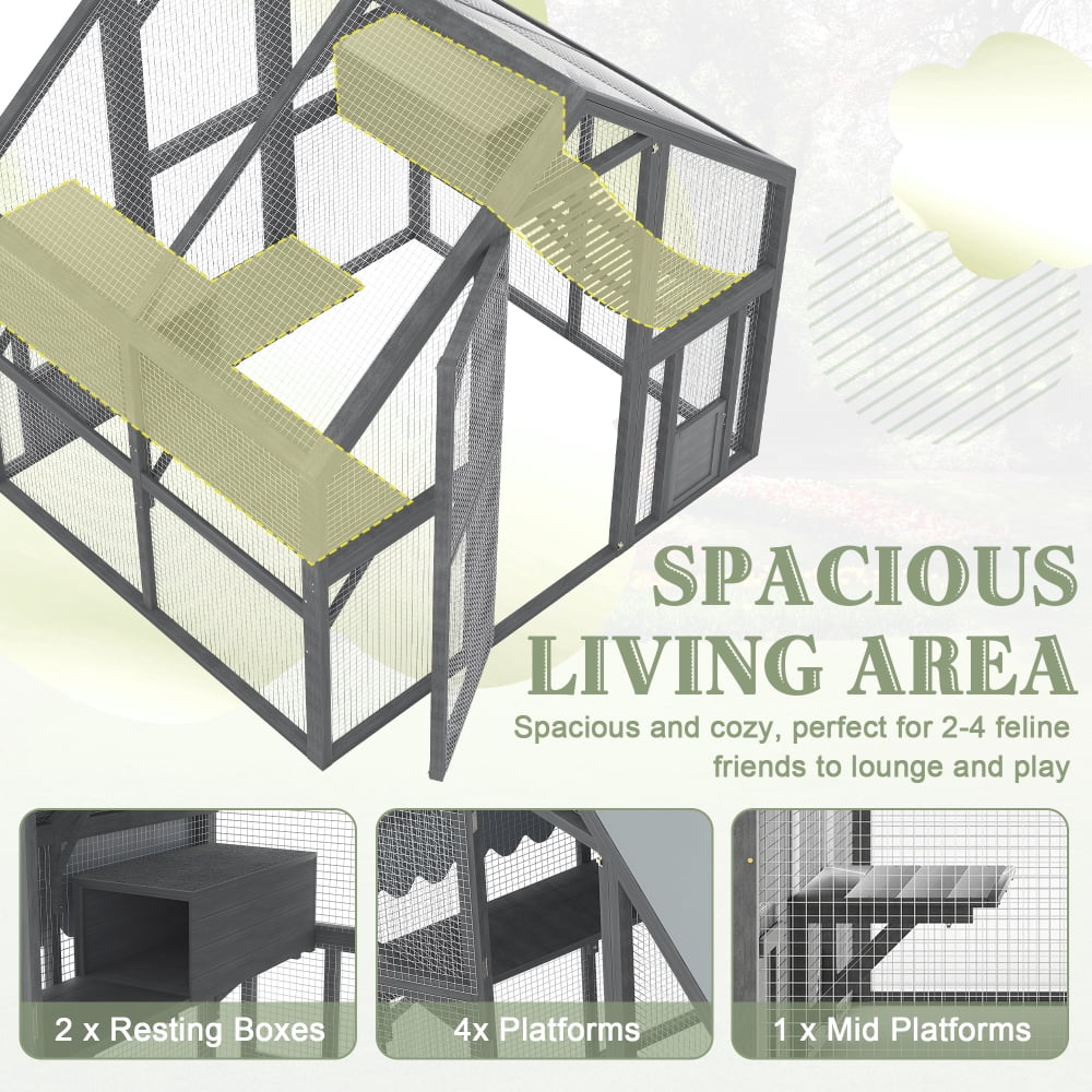 Large Wooden Outdoor Cat Enclosure, Multi-Cat Catio with Platforms, Resting Boxes & Bridge, Waterproof UV Proof Canopy Included