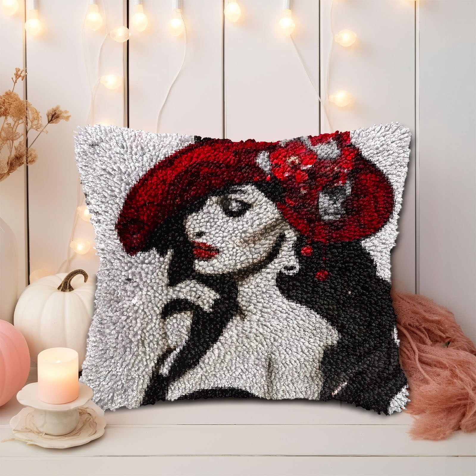 3d Tuextured Beauty Hat Woman DIY Latch Hook Pillow Kits for Adults Printed Pillowcase Crochet Yarns Hooking Handmade Pillow Cover Cushion for Home Sofa Decoration 17x17inch