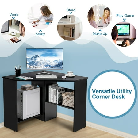 Costway Corner Computer Desk Triangle Writing Workstation w/ Storage Shelf - Black
