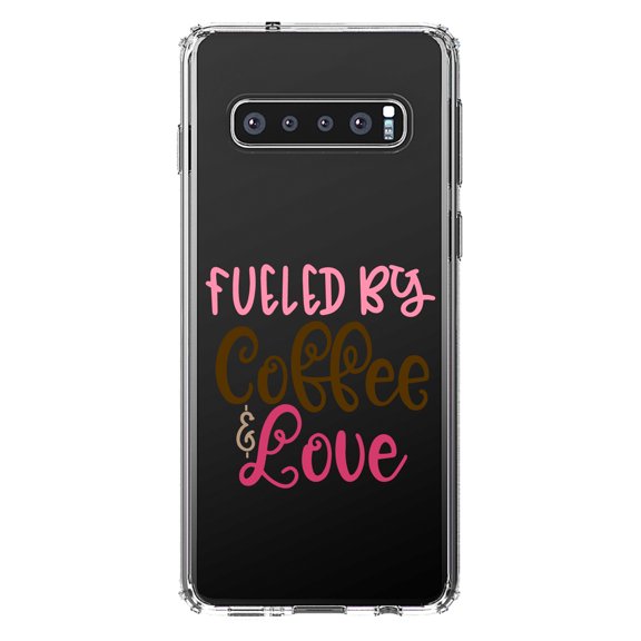 DistinctInk Clear Shockproof Hybrid Case for Samsung Galaxy S10 (6.1" Screen) - TPU Bumper Acrylic Back Tempered Glass Screen Protector - Fueled By Coffee & Love