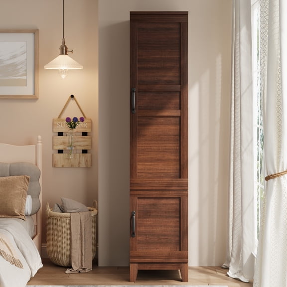 Freestanding Wooden Armoire Wardrobe Closet 72" – 2 Door Clothes Storage Cabinet with Adjustable Shelves & Hanging Rod, Narrow Space-Saving Organizer for Bedroom