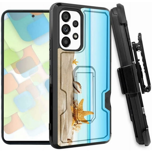 ANJ  Rugged Dual Layered Holster Case w/Kickstand, Card Slot Case   Tempered Glass Cover for Samsung Galaxy A53 5G - Summer Beach