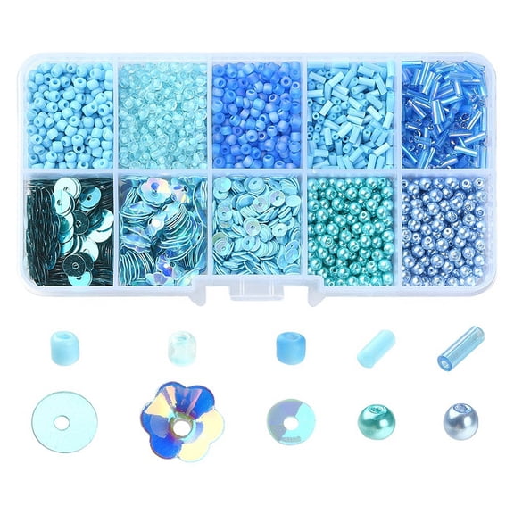 1Box DIY Beads Jewelry Making Finding Kit Including Disc & Flower Plastic Paillette & Tube Glass Bugle & Imitation Pearl Beads Deep Sky Blue