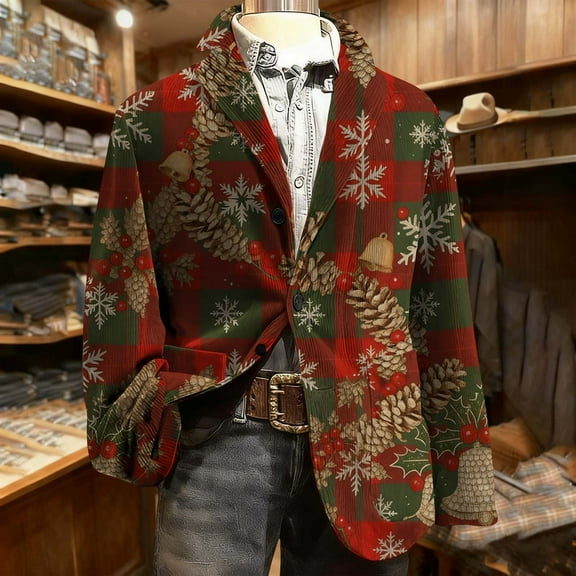 Mifsaly Mens Christmas Blazer Jacket Plus Size Corduroy Sport Coats 2025 Xmas Sequin Print Button Down Lapel Suit Jackets Snowflake Santa Coat with Pockets Festival Dinner Party Winter Outerwear