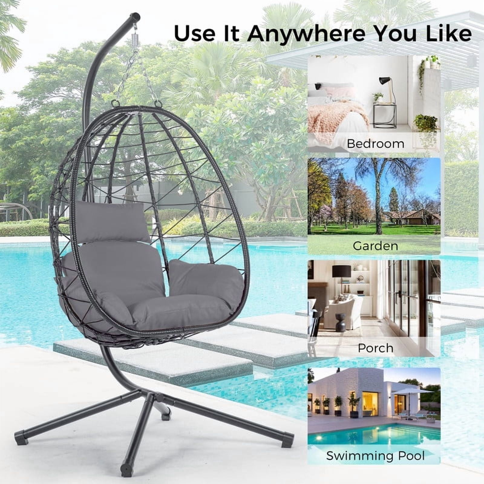 Hanging Egg Chair with Stand, Outdoorn Wicker Egg Swing Chair with Cushion, Heavy Duty Patio Hammock Chairs for Garden Backyard Balcony Bedroom