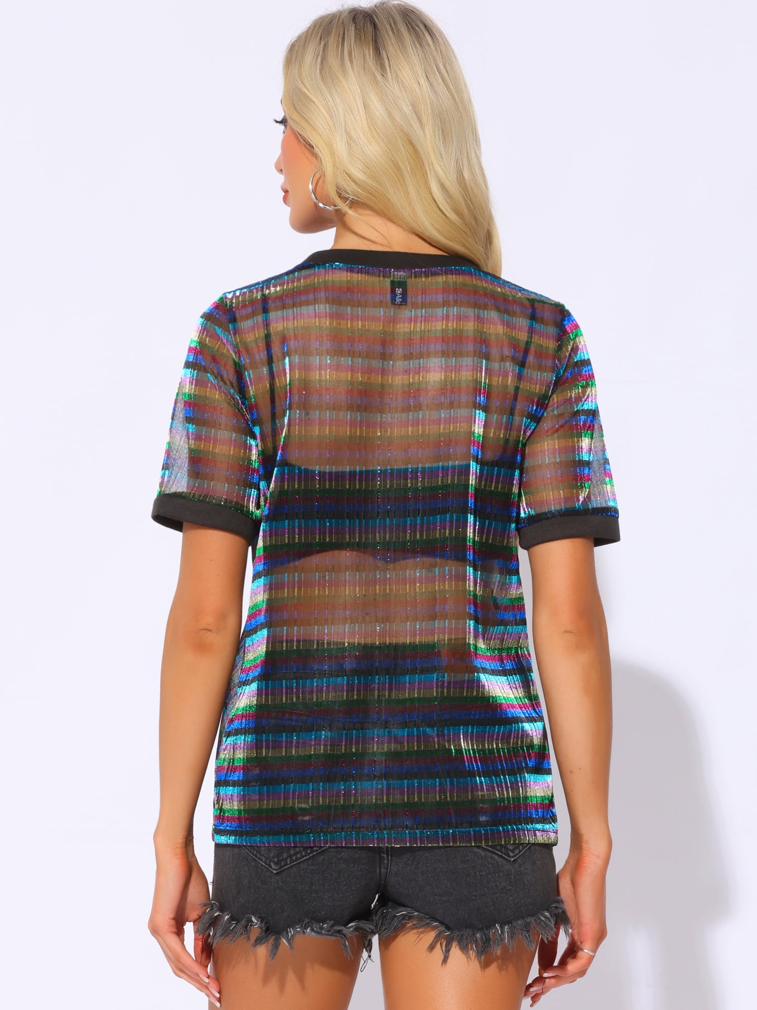 DARING DIVA Women's Sheer Mesh Top Contrast Short Sleeve T-Shirt M Multicolor Black